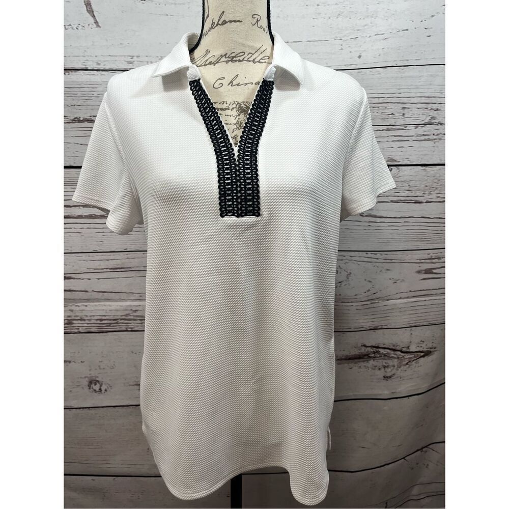 Croft & Barrow large white polo with black lace around neckline - 2776